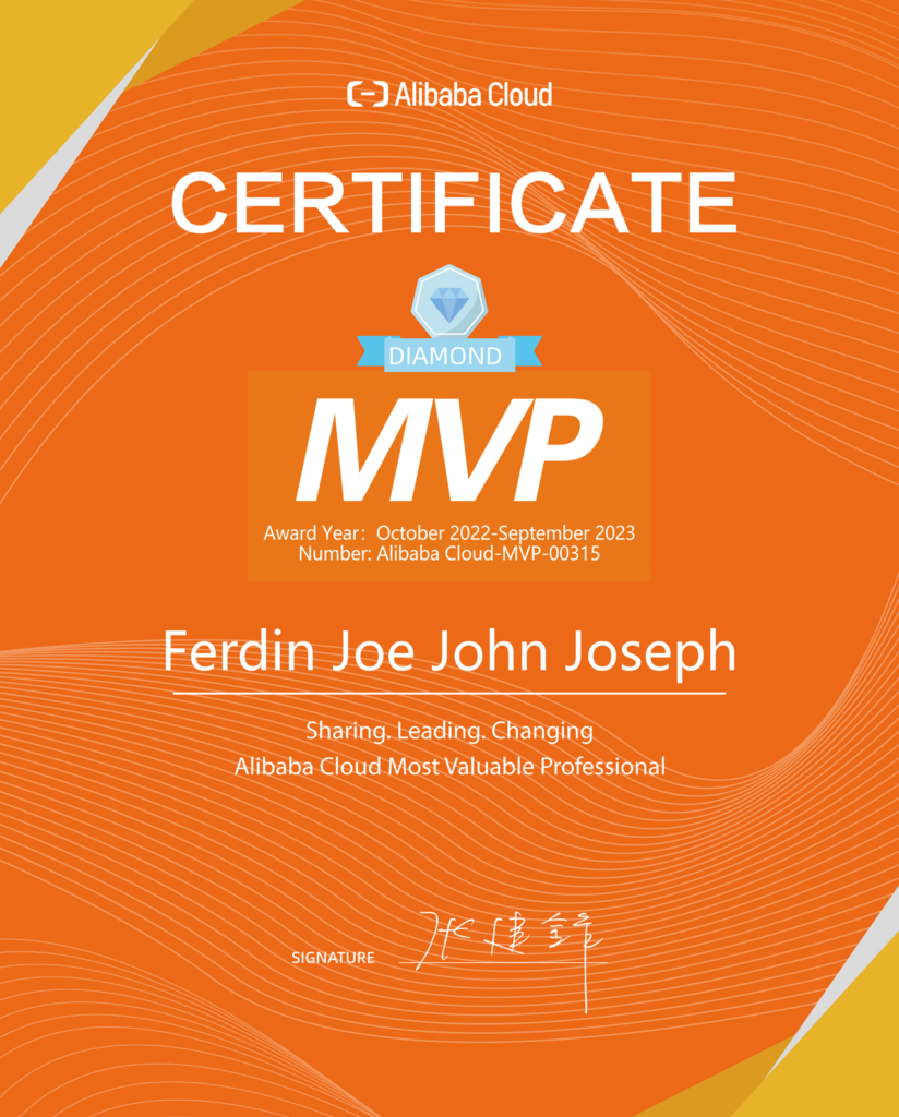Alibaba Cloud has granted Diamond MVP status to Asst. Prof. Dr. Ferdin Joe John Joseph🏆👨🏻‍💼📒